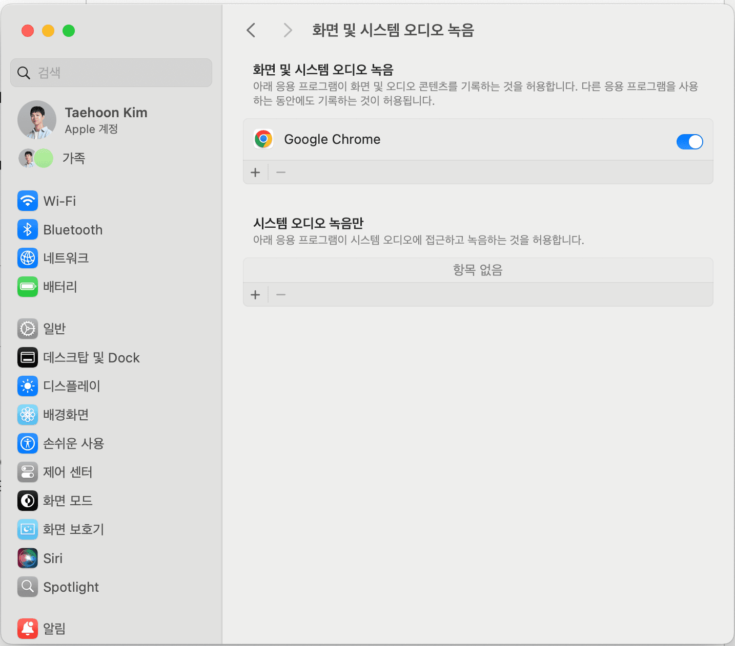 시스템 설정 - 개인정보 보호 및 보안 - 화면 및 시스템 오디오 녹음